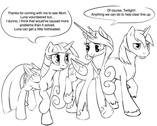 dialogue feathered_wings feathers female feral group horn male text wings silfoe friendship_is_magic hasbro my_little_pony mythology princess_cadance_(mlp) shining_armor_(mlp) twilight_sparkle_(mlp) equid equine mammal mythological_creature mythological_equine unicorn winged_unicorn 2015 5:4 english_text monochrome
