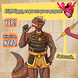 ambiguous_gender armor clothing dialogue dialogue_box disembodied_hand disembodied_head duo facial_markings glistening glistening_body head_markings horn jewelry male markings muscular muscular_male necklace science_fiction shrinking size_transformation solo_focus speech_bubble syringe tail tail_markings tattoo text transformation tribal tribal_markings areye_(artist) microsoft the_elder_scrolls the_elder_scrolls_online argonian scalie 1:1 comic english_text hi_res sequence