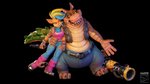 anthro black_background clothed clothing duo eye_contact female hair knife looking_at_another male male/female multicolored_hair simple_background jawsfm activision crash_bandicoot_(series) dingodile pirate_tawna bandicoot canid canine canis crocodile crocodilian dingo hybrid mammal marsupial reptile scalie 16:9 3d_(artwork) digital_media_(artwork) hi_res widescreen