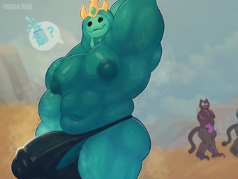anthro aroused barely_visible_genitalia barely_visible_penis being_watched belly big_bulge big_nipples biped black_eyes blue_body blue_nipples bodily_fluids bulge clothed clothing crown detailed_bulge emanata genital_outline genitals hand_behind_head headgear looking_at_another male musclegut muscular muscular_anthro muscular_male navel nipples outside pecs penis penis_outline public public_exposure simple_background skimpy slurp_juice solo surprised sweat sweaty_arms sweaty_body sweaty_legs sweaty_thighs text thong topless topless_anthro topless_male underwear trick_rex epic_games fortnite poseidon_(fortnite) 2026 4:3 absurd_res artist_name colored digital_drawing_(artwork) digital_media_(artwork) english_text hi_res shaded signature
