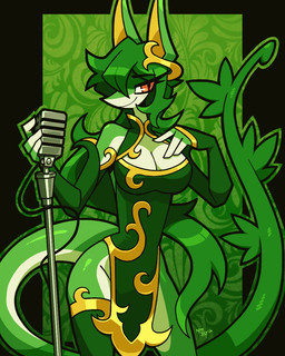 anthro arm_warmers armwear asian_clothing bedroom_eyes blush blush_lines breasts chinese_clothing cleavage clothed clothing countershading detached_sleeves east_asian_clothing electronics eyelashes female green_body green_skin looking_at_viewer microphone narrowed_eyes pose seductive singer smile solo notyoursagittarius nintendo pokemon generation_5_pokemon pokemon_(species) reptile scalie serperior snake 2025 4:5 colored detailed digital_drawing_(artwork) digital_media_(artwork) hi_res shaded