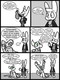2_horns 3_toes 4_fingers anthro barefoot big_penis bottomless bottomwear claws clothed clothing dialogue duo ellipsis feet finger_claws fingers genitals hand_in_pocket hood horn jacket kerchief male pants penis pockets raised_arms robe sack shirt sitting smile smirk speech_bubble text toe_claws toes topwear ultilix to-be-named-later wes_(ultilix) demon lagomorph leporid mammal rabbit 2025 comic english_text greyscale monochrome multiple_scenes