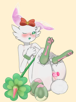 anus blush bodily_fluids bracelet breasts cheek_tuft clover_(plant) clover_leaf egg ent_ears facial_tuft feet female feral flower four_leaf_clover fur green_body green_eyes green_fur grey_body grey_feet heart_eyes heart_symbol jewelry leaf pawpads paws pink_flower pink_inner_ear pink_pawpads plant pusay rabbit_ears red_bow scut_tail sex_toy sex_toy_insertion short_tail simple_background solo tail tears tongue tongue_out translucent tuft eeveeskies roco_kingdom roco_kingdom:world anu lagomorph leporid mammal rabbit absurd_res hi_res