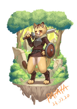 anthro blush bottomless brown_clothing brown_tail brown_topwear cheek_tuft clothed clothing dipstick_tail facial_tuft featureless_crotch front_view fur glistening glistening_eyes holding_melee_weapon holding_object holding_sword holding_weapon male markings melee_weapon mouth_closed orange_eyes outside plant shield shrub solo standing sword tail tail_markings topwear tree tuft weapon yellow_body yellow_fur yellow_tail papayafurry 2023 dated full-length_portrait hi_res portrait signature