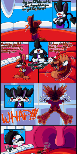 3_toes 4_fingers anthro big_feet big_tongue cartoon_gloves duo feet fingers inside_mouth male male/male mawplay micro open_mouth pawpads paws slapstick slapstick_humor soft_vore soles tail text toes tongue toony toony_moment uvula vore whiskers marquis2007 herman_(marquis2007) roderick_(tamerkoh) imp lagomorph leporid mammal rabbit absurd_res comic english_text hi_res
