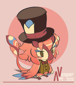 ambiguous_gender anthro black_clothing black_hat black_headwear blue_body blue_feathers blush chibi clothing eyelashes feathered_wings feathers glistening glistening_hair green_clothing green_topwear hair hat headgear headwear messy_hair pink_body pink_feathers pink_hair pink_tail simple_background solo tail topwear wings yellow_body vesper_art 2020 dated hi_res