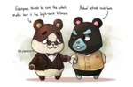 anthro blue_body bow_tie chibi clothing duo eyewear glasses male one_eye_closed shirt simple_background slightly_chubby text topwear wink kyleenim animal_crossing nintendo hamphrey_(animal_crossing) marlo_(animal_crossing) cricetid hamster mammal rodent 2021 english_text