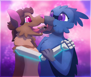 abstract_background ambiguous_gender anthro beak black_hair black_nose blue_body blue_feathers brown_body brown_fur brown_hair cybernetic_arm cybernetic_limb ears_down extreme_size_difference eye_contact eyelashes feathered_crest feathers female french_kissing fur grey_beak group hair head_crest hug hugging_another kissing licking_tongue looking_at_another male mawplay micro on_tongue open_beak open_mouth pink_eyes pink_inner_ear pink_nose pink_tongue pivoted_ears purple_eyes size_difference tan_body tan_fur teeth tongue trio winged_arms wings mintychipart avian bird canid canine mammal 2022 absurd_res digital_drawing_(artwork) digital_media_(artwork) hi_res krita_(artwork) shaded soft_shading