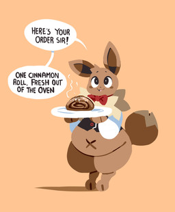biped bottomless bow_tie cinnamon_bun clothed clothing dessert dialogue dipstick_tail ear_tuft food fur holding_platter looking_up male markings multicolored_body multicolored_fur neck_tuft pastry pear-shaped_figure simple_background solo speech_bubble steam tail tail_markings tail_tuft tan_background text topwear tuft vest waiter waiter_suit waiter_tray wide_hips sutihukka nintendo pokemon canid eevee generation_1_pokemon mammal pokemon_(species) 2025 absurd_res english_text hi_res
