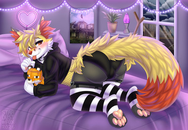 5_fingers all_fours anthro bed black_clothing black_hoodie black_topwear blush bulge bulge_from_behind butt cheek_tuft clothing cropped_hoodie dipstick_tail facial_tuft fingers fishnet_clothing fishnet_topwear fur furniture garland hair hoodie hug hugging_object hugging_plushie inner_ear_fluff inside lamp legwear male markings multicolored_body multicolored_fur object_in_tail on_bed orange_eyes pattern_clothing pattern_legwear pattern_stockings pawpads pillow pink_pawpads plant plushie pokemorph red_markings short_hair snout solo stick stick_in_tail stockings striped_clothing striped_legwear striped_stockings stripes tail tail_markings teeth thick_thighs tongue tongue_out topwear tuft window yellow_body yellow_fur stardustfoxart nintendo pokemon braixen canid canine fox generation_6_pokemon mammal pokemon_(species) absurd_res colored digital_drawing_(artwork) digital_media_(artwork) hi_res shaded