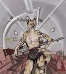 annoyed anthro big_gun bottomwear cigarette clock clothed clothing dagger fur_tattoo gun_sling hand_on_hip holding_cigarette holding_object hotpants legband looking_aside male melee_weapon rifle_sling sheathed_dagger shorts slim_anthro solo topless watch weapon wristwatch banoncat caracal caracal_(genus) felid feline mammal 2023 hi_res