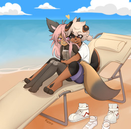 anthro beach biped black_body black_markings black_nose blue_bottomwear blue_clothing blue_shorts bottomwear breasts brown_body clothing dipstick_tail dress duo eyebrows female floppy_ears folded_ears footwear hair heart_symbol hug hugging_another hugging_from_behind long_hair male male/female markings outside pink_hair pink_nose red_clothing red_dress shirt short_hair shorts sitting small_breasts tail tail_markings topwear water white_clothing white_footwear white_hair white_shirt white_topwear young young_anthro young_female young_male young_on_young pucco nikki_(nikkithetanuki) shane_boder_(shaneandco) canid canine canis dobermann domestic_dog mammal mastiff mixed_breed molosser pinscher raccoon_dog rottweiler tanuki 2025 absurd_res hi_res