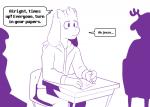 2015 anthro asriel_dreemurr boss_monster_(undertale) bovid caprine class clothed clothing desk dialogue english_text fatz_geronimo furniture goat group hoodie horn left-handed long_ears male mammal paper pen sitting table text topwear undertale undertale_(series) writing_text