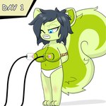 anthro big_breasts black_hair blue_eyes breasts clothing female fur green_body green_fur hair machine milking_machine nipples panties rope solo tail underwear white_clothing white_panties white_underwear young young_anthro young_female milkis2000 mammal rodent sciurid tree_squirrel 1:1