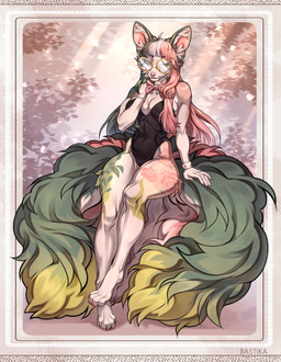 anthro biped breasts claws clothed clothed_anthro clothed_female clothing eyewear feet female fingers front_view fur glasses hair sitting solo tail teeth toes bastika canid canine mammal hi_res