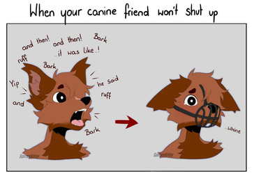 anthro barking bodily_fluids brown_body brown_fur cheek_tuft dialogue ear_tuft ears_down ears_up excited facial_tuft fur grey_background head_tuft inner_ear_fluff muzzle_(object) muzzled open_mouth pivoted_ears sad simple_background solo tears teeth text tongue tuft wire_basket_muzzle yapping spraykitty canid canine mammal 2023 digital_media_(artwork) english_text