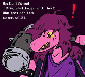 anthro biped black_background clothed clothing dialogue exclamation_point female hair hammer holding_hammer holding_melee_weapon holding_object holding_tool holding_weapon melee_weapon open_mouth open_smile pink_body pink_scales purple_eyes purple_hair scales sharp_teeth simple_background smile snout snowgrave solo teeth text three-quarter_view tools weapon yellow_sclera yellow_teeth qwizibo deltarune undertale_(series) susie_(deltarune) scalie 2025 digital_drawing_(artwork) digital_media_(artwork) english_text