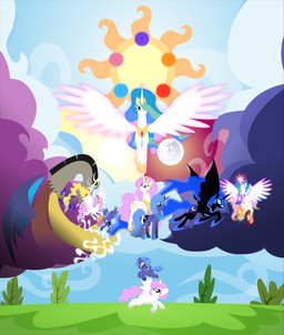 blue_hair cloud crown cutie_mark duo feathered_wings feathers female feral hair headgear horn looking_at_viewer male moon multicolored_hair outside pink_hair princess quadruped royalty sky sun tail wings mdsk friendship_is_magic hasbro my_little_pony mythology discord_(mlp) nightmare_moon_(mlp) princess_celestia_(mlp) princess_luna_(mlp) chimera draconequus equid equine mammal mythological_creature mythological_equine winged_unicorn 2012 absurd_res hi_res superabsurd_res sibling_(lore) sister_(lore) sisters_(lore)