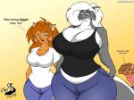 bottomwear breasts cleavage clothed clothing dialogue female group pants shirt small_head text topwear chrisandcompany daryl_vecat kelsey_sienna neve_vecat domestic_cat felid feline felis mammal mephitid skunk 4:3 english_text