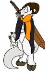 ambiguous_gender anthro cloak clothing duo fur hooves horn melee_weapon orange_eyes scarf simple_background sword weapon white_body white_fur trout_(artist) guffin bovid bovine caprine goat hybrid mammal 2016 aliasing digital_media_(artwork)