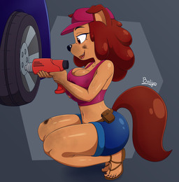 anthro big_breasts black_nails black_toenails blue_car bottomwear breasts clothing colored_nails crouching curly_hair dirty dirty_clothing feet female footwear hair hat headgear headwear magenta_topwear mechanic nails pink_clothing pink_hat pink_headwear sandals shoes shorts solo toenails toes tool_belt tools wheel b0liy0 ana_(b0liy0) bird_dog canid canine canis cocker_spaniel domestic_dog hunting_dog hybrid mammal spaniel absurd_res hi_res