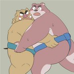 anthro asian_clothing blush bodily_fluids brown_body brown_fur butt clothing duo east_asian_clothing fur humanoid_hands japanese_clothing kemono male mawashi overweight overweight_male simple_background sumo sweat 00murice bear mammal suid suina sus_(pig) wild_boar 2021