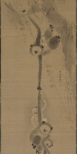 ambiguous_feral ambiguous_gender branch carrying_another cjk_character extended_arm feral fur group hanging_from_branch leaf long_arms looking_down plant reaching simple_background tree kano_tan'yu public_domain ape gibbon haplorhine mammal primate 17th_century absurd_res ancient_art hi_res long_image painting_(artwork) restricted_palette tall_image traditional_media_(artwork) traditional_painting_(artwork)