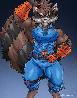 anthro armor biceps black_nose brown_body brown_fur clothing ear_piercing ear_ring fluffy fluffy_tail fur gauntlets gloves hand_on_hip handwear kabedon male muscular muscular_anthro muscular_male piercing red_eyes ring_piercing single_ear_ring solo spiked_knee_pads tail toothy_grin triceramonster guardians_of_the_galaxy marvel marvel_rivals rocket_raccoon mammal procyonid raccoon absurd_res hi_res