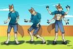 anthro bottomwear canid canine canis clothed clothing cloven_hooves digitigrade dingo fingers fully_clothed hooved_fingers hooved_hands hooves krossbreeder male mammal multi_arm multi_limb shirt shorts solo standing topwear unguligrade