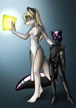 5_toes anthro barcode barefoot blonde_hair breasts clothed clothing dress drone duo feet female flat_chested footwear gas_mask genitals glistening glistening_body hair hand_on_another's_chest high_heels ineffective_clothing interface mask navel nipple_outline open_mouth plantigrade shoes simple_background skintight_suit small_breasts standing tight_clothing toes vulva young young_anthro danaume canid canine canis mammal mephitid skunk wolf hi_res