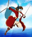 anthro blue_body blue_fur blue_sky blue_tail boots bottomwear brown_boots brown_clothing brown_footwear brown_hair clothed clothing coat fangs female footwear fur glistening glistening_eyes hair holding_melee_weapon holding_object holding_sword holding_weapon looking_at_viewer melee_weapon open_mouth orange_eyes pants pirate red_clothing red_coat red_topwear shoes sky solo sword tail tan_bottomwear tan_clothing tan_pants teeth topwear weapon white_clothing white_topwear tiggybloom simone_(xiekon) canid mammal 2019 dated hi_res