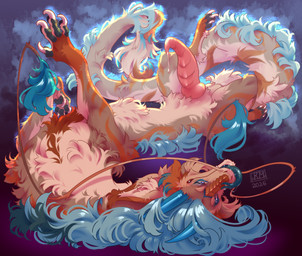 animal_genitalia barbel_(anatomy) blue_eyes blue_hair blue_tongue bodily_fluids brown_body brown_fur claws dripping erection feral flesh_whiskers forked_tongue fur genital_fluids genital_slit genitals hair horn knot lying male markings pawpads penis precum precum_drip ribbed_penis saliva saliva_on_tongue saliva_string scale_markings scales solo tan_body tan_fur tapering_penis tongue tongue_out tuft whisker_tuft kettimurr mythology dragon eastern_dragon furred_dragon furred_scalie mythological_creature mythological_scalie scalie 2026 digital_media_(artwork) hi_res signature