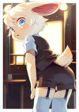 alternative_fashion anthro bangs biped black_bottomwear black_clothing black_nose black_shorts black_topwear black_vest blue_eyes blurred_background blush bottomwear clothed clothing day detailed_background ears_down footwear fully_clothed fur garter_belt garter_straps glistening glistening_eyes grey_horn hair hair_between_eyes horn inside j-fashion kemono legwear looking_back male male_anthro monotone_body monotone_fur monotone_hair monotone_tail open_mouth ouji_(fashion) pink_inner_ear pivoted_ears raised_tail rear_view scut_tail shirt short_hair short_tail shorts solo tail thigh_highs three-quarter_view topwear vest white_body white_clothing white_ears white_fur white_hair white_legwear white_shirt white_tail white_thigh_highs white_topwear wide_eyed window young young_anthro nn_197069 bovid caprine goat mammal colored hi_res portrait shaded three-quarter_portrait