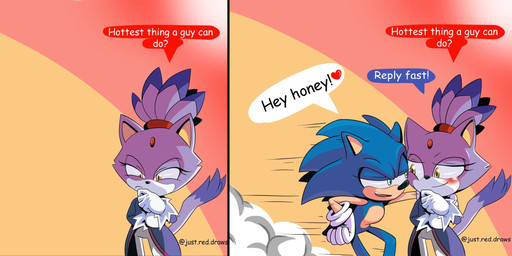 2_panel_comic 5_fingers anthro blue_body blush clothed clothing duo female fingers fur gloves green_eyes half-closed_eyes handwear looking_at_another male male/female narrowed_eyes partially_clothed purple_body purple_fur simple_background smile smiling_at_another smirk speech_bubble tail text thinking yellow_eyes just.red.draws sega sonic_the_hedgehog_(series) blaze_the_cat sonic_the_hedgehog domestic_cat eulipotyphlan felid feline felis hedgehog mammal 2022 english_text hi_res watermark
