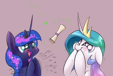 blue_eyes bodily_fluids clapping crown duo female feral headgear horn purple_eyes scroll simple_background sparkles tears underpable friendship_is_magic hasbro my_little_pony mythology princess_celestia_(mlp) princess_luna_(mlp) equid equine mammal mythological_creature mythological_equine unicorn 2015 hi_res sibling_(lore) sister_(lore) sisters_(lore)