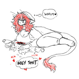 alternate_species ambiguous_gender anthro blush breasts clothed clothing duo eyes_closed eyewear female glasses hair laying_on_another loaf loafing red_hair size_difference text thought_bubble whiskers kawattame voices_of_the_void dr._kel esraniki alien ariral human mammal 1:1