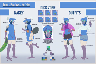 anthro balls beak blue_body blue_feathers bottomwear butt butt_markings choker clothed clothing crop_top denim denim_bottomwear denim_clothing denim_shorts elbow_feathers erection feathers flaccid foreskin front_view genitals gesture green_body green_feathers hair half-erect hand_on_hip humanoid_genitalia humanoid_penis jacket jewelry male markings measurement micropenis necklace nude partially_retracted_foreskin penis profanity pseudo_hair raised_leg retracted_foreskin shirt shorts simple_background slim small_balls small_penis solo tan_body tan_feathers text topwear unretracted_foreskin arino tomi_(arino) avian bird galliform peafowl phasianid 3:2 absurd_res english_text hi_res model_sheet