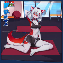 anthro athletic_wear blush bottomwear bra breasts cleavage clothed clothing collar feet female fur gym gym_bottomwear gym_shorts hair hand_behind_head heterochromia inside looking_at_viewer navel pilates shorts side_boob sitting smile solo sports_bra tail teeth text toes topwear underwear sicmop canid canine canis mammal wolf absurd_res digital_media_(artwork) hi_res