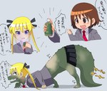 blonde_hair bottomwear clothing duo female green_body hair mid_transformation pigtails simple_background skirt spray surprise text torn_clothing transformation white_background fuka_(kantoku) kill_me_baby oribe_yasuna sonya_(kill_me_baby) crocodilian human mammal reptile scalie hi_res japanese_text partially_translated translation_request