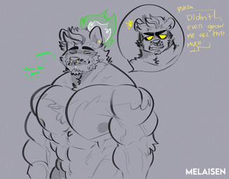 anthro barazoku big_muscles closed_smile duo facial_hair giggle goatee green_text grey_background hair looking_at_another male male_anthro mouth_closed muscular muscular_anthro muscular_male nipples open_mouth simple_background smile speech_bubble text unimpressed veiny_arms wavy_mouth wavy_smile yellow_sclera yellow_text melaisen tolentino_(melaisen) canid canine canis domestic_dog mammal 2023 absurd_res artist_name english_text half-length_portrait hi_res monochrome partially_colored portrait