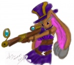 aiming alternative_fashion anthro brown_body brown_fur clothed clothing dress female fingerless_gloves fully_clothed fur gloves gun handwear hat headgear headwear holding_gun holding_object holding_ranged_weapon holding_weapon long_ears purple_eyes ranged_weapon rifle simple_background solo steampunk weapon white_background neokat league_of_legends nintendo pokemon riot_games tencent caitlyn_(lol) generation_4_pokemon lagomorph lopunny mammal pokemon_(species) 2011 crossover