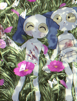 ^_^ anthro blood blood_in_mouth blood_on_chest blood_on_face blood_on_hand blood_on_knife blue_body blue_ears blue_fur bodily_fluids closed_smile duo eyes_closed flower fur grass hand_holding holding_knife holding_object knife lying male male/male mouth_closed pink_flower plant smile whiskers yellow_sclera m1tky neko_no_teach-kun oyasaioni9 sam_(neko_no_teach-kun) teach domestic_cat felid feline felis lagomorph leporid mammal rabbit 2023 hi_res