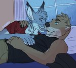 anthro bed clothed clothing cuddling duo furniture love male male/male raining romantic corvarts echo_(game) echo_(series) echo_project sydney_bronson tj_hess bobcat canada_lynx felid feline lynx mammal mustelid otter 2021