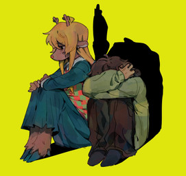 anthro blonde_hair bottomwear brown_body brown_fur brown_hair clothing duo female freckles fur hair horn male simple_background sitting skirt yellow_background goomyloid deltarune undertale_(series) kris_dreemurr noelle_holiday deer human mammal new_world_deer reindeer 2024 hi_res nonbinary_(lore)