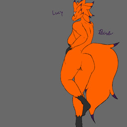 anthro big_breasts big_butt black_nipples breasts butt curvy_figure dipstick_tail feathers feet female genitals grey_background hair long_hair looking_at_viewer markings nipples orange_body orange_feathers pose posing_nude rear_view simple_background solo standing tail tail_markings talons thick_thighs toes voluptuous vulva birbporn avian 1:1 digital_media_(artwork) hi_res