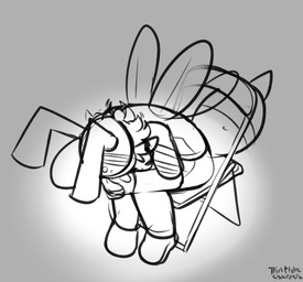 accessory antennae_(anatomy) anthro arthropod_abdomen baseball_cap bent_over clothing furgonomics hands_together hat headband headgear headwear insect_wings male sitting solo wings felino shinji_in_a_chair quindim_(felino) arthropod bee hymenopteran insect 2026 monochrome sketch