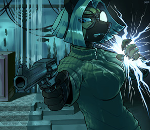 anthro art_deco art_deco_architecture black_nails blue_eyes bob_cut bodily_fluids breasts brown_body brown_fur carpet clothed clothing colored_nails cosplay detailed_background electricity eyebrows eyewear female frown fur furniture glasses gun hair handgun holding_object inside kelp lightning_bolt looking_at_viewer nails pointing_weapon pointing_weapon_at_viewer ranged_weapon revolver round_glasses snout solo stairs straight_hair sweat sweatdrop sweater table teeth topwear turtleneck underwater underwater_city underwater_scenery water weapon white_hair window wire yellow_body yellow_fur fanteliscio 2k_games bioshock veronica_(azimuthium) african_wild_dog aquatic canid canine fish mammal 2025 detailed digital_drawing_(artwork) digital_media_(artwork) shaded shaded_line_art signature