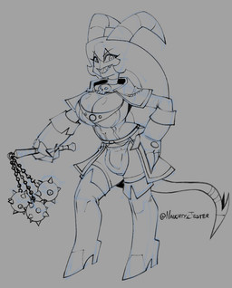 anthro armor big_breasts bone boots breasts bulge clothing crossgender footwear gauntlets gloves gynomorph hair hand_on_hip handwear high_heeled_boots high_heels horn intersex legwear long_hair morning_star_(weapon) shoes skull smile solo spade_tail tail thigh_boots thigh_highs naughtyjester elden_ring fromsoftware hellaverse helluva_boss blitzo_(helluva_boss) demon hi_res signature sketch