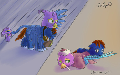 avian_feet beak blue_body duo feathered_wings feathers feral green_eyes icepack ill male paws pink_body quadruped raining scientific_instrument tail tail_tuft thermometer tuft using_wings wing_hug wings doesnotexist hasbro my_little_pony mythology gyro_feather seaward_skies avian bird equid equine galliform gryphon mammal mythological_avian mythological_creature mythological_equine peafowl pegasus phasianid absurd_res digital_media_(artwork) hi_res