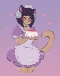 anthro apron bell blush brown_body cake choker clothing dessert dress female food heart_symbol holding_cake holding_food holding_object jewelry looking_at_viewer maid_uniform necklace simple_background smile solo uniform bunnywhiskerz chimiko domestic_cat felid feline felis mammal 2020 absurd_res digital_media_(artwork) hi_res